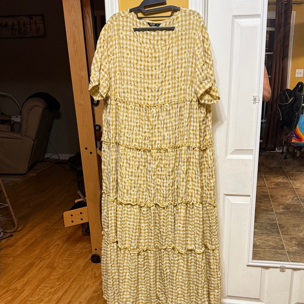 SHEIN Yellow Gingham Tiered Coastal boho Maxi Dress